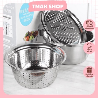 Set bộ dụng cụ rổ, nạo, thau inox 3 trong 1 đa năng bền đẹp 26cm