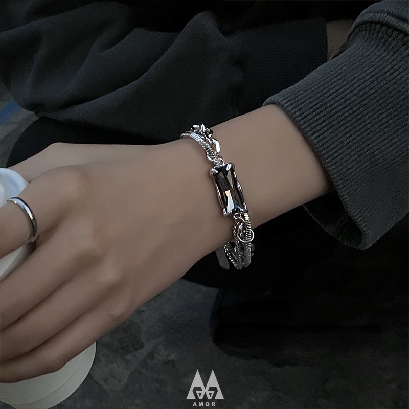 Vòng Tay Thép Titan Đen Đính Đá zircon Phong Cách hip hop Cá Tính Cho Cặp Đôi