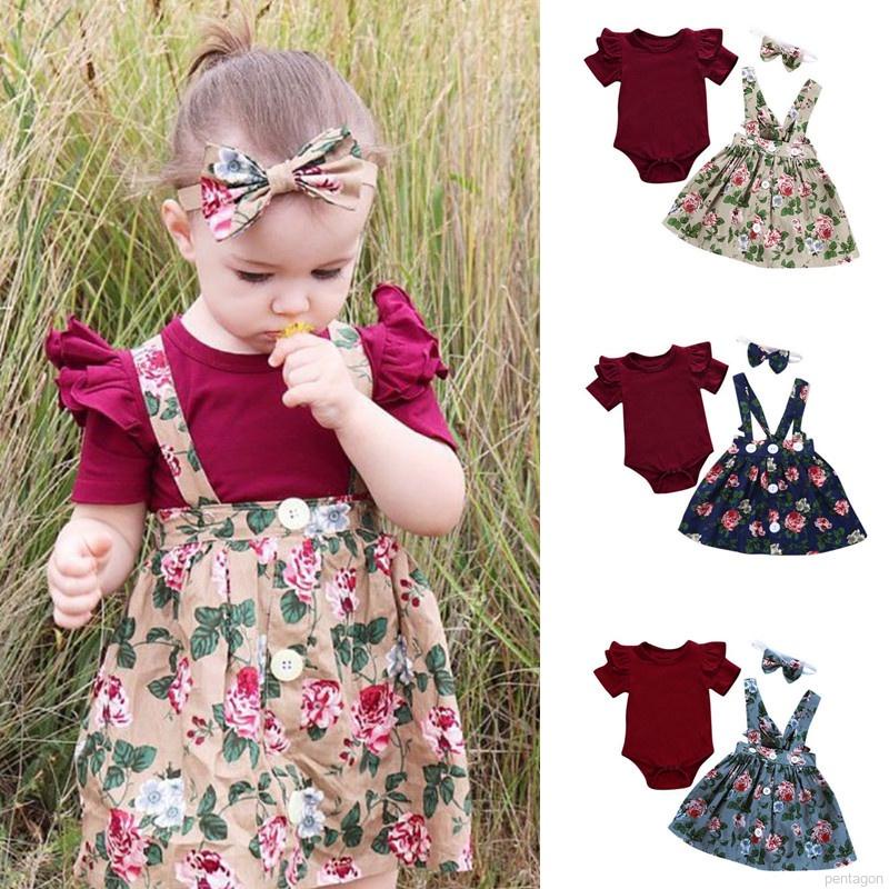 Bộ trang phục 3 món gồm áo liền quần tay ngắn + váy yếm in hoa + băng đô cho bé gái sơ sinh