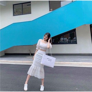 Set áo crop phối ren + cv đuôi cá