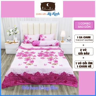  Bộ chăn ga trần bông 5 món hình Hoa Hồng Đào chất liệu Cotton Poly mềm mịn mát đủ kích thước ga giường 1m6 1m8 2m2 x2m 
