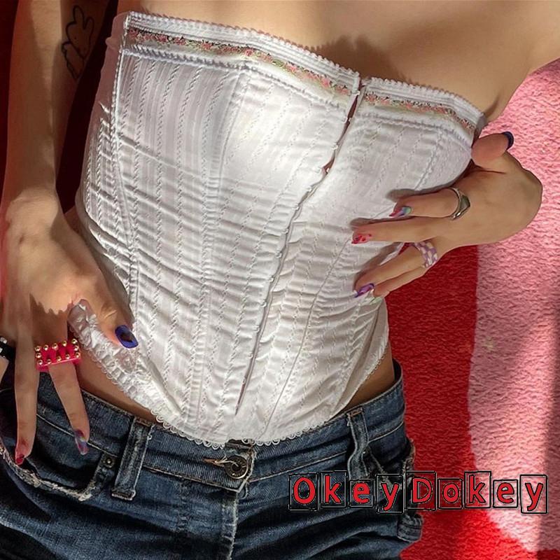OKDK-Women Single-breast Waist Corset White Floral Pattern Off-the-shoulder Bodycon Tube Tops