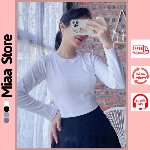 Áo croptop nữ ôm body dài tay thun gân 100% cotton, croptop nữ tay dài , Áo thun dáng ôm cổ tròn dài tay  -ACTNCTDT