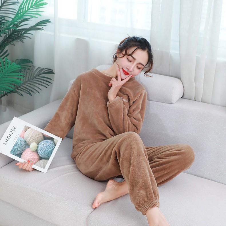Bộ nỉ lông thêu chữ D Studio, bộ bông nỉ bộ ngủ nữ mặc ở nhà đồ bộ lông mùa đông 1H12