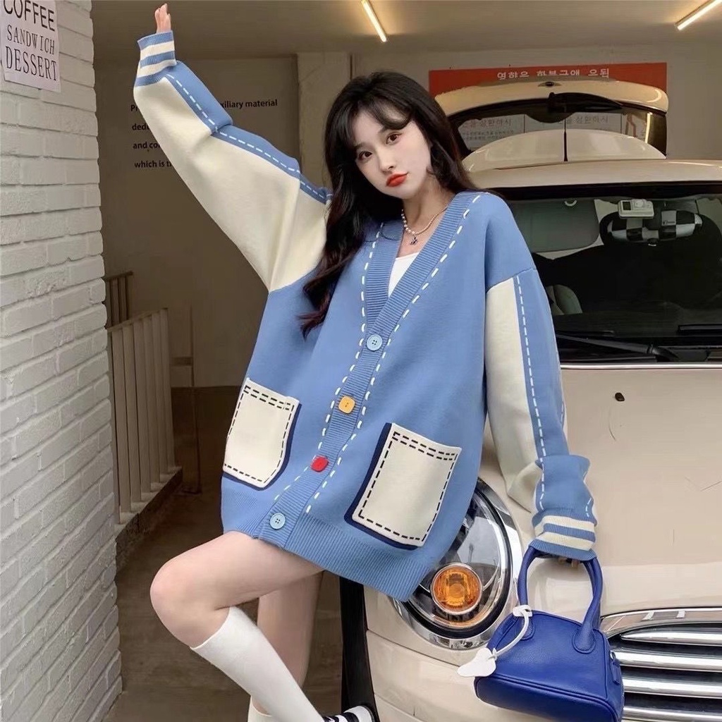 Áo Khoác Cardigan Dệt Kim Phối Màu Tương Phản Phong Cách Retro Thời Trang Thu Đông Mới