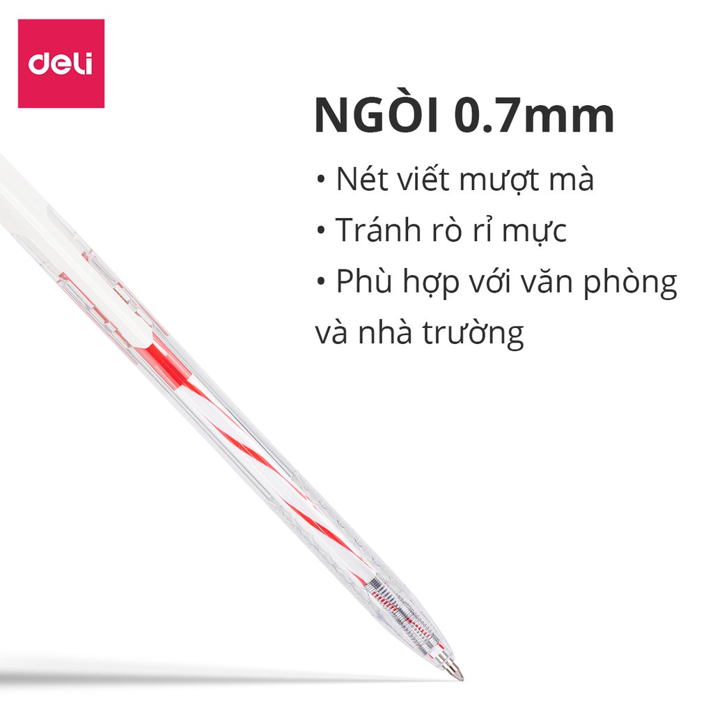 Bút bi bấm văn phòng mực xanh đen đỏ ngòi 0.7mm Deli giá rẻ viết nét đều trơn tru phù hợp cho học sinh EQ24