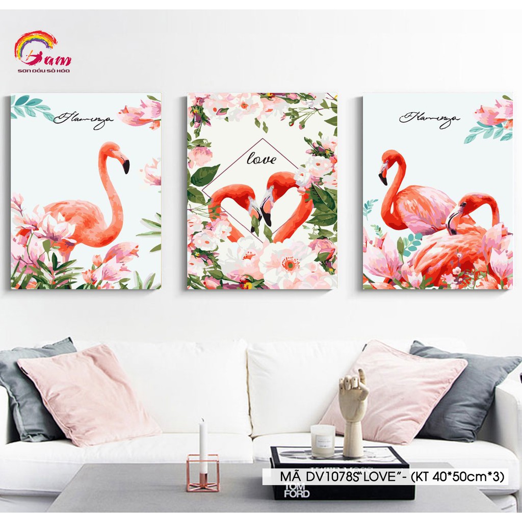 Bộ 3 tranh sơn dầu số hoá tự tô màu động vật - Mã DV1078S Tranh Hồng hạc Flamingo