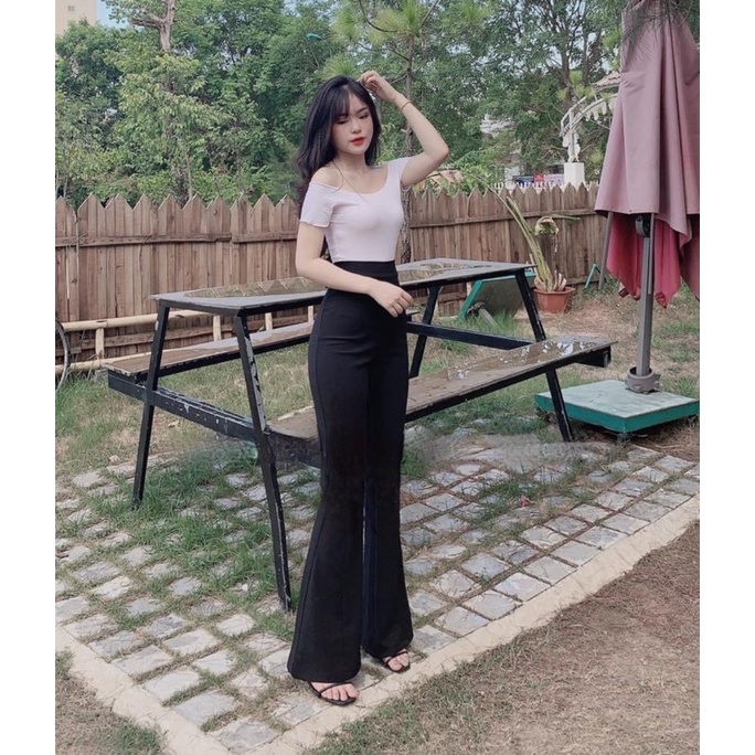 Quần ống loe cạp cao khóa sau túi trước chất liệu tuyết mưa dài 100cm siêu hách dáng thời trang nữ Yuna Q001