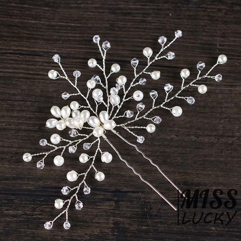 Trâm cài tóc cô dâu trang trí hình hoa lá đính ngọc trai giả thời trang