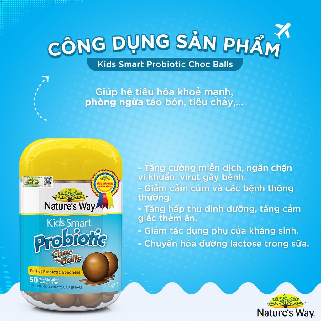 (NK Chính hãng) Kẹo Dẻo Cho Lợi Khuẩn Tốt Cho Hệ Tiêu Hoá   Bé Nature's Way Kids Smart Probiotic Choc Balls Lọ 50 Viên