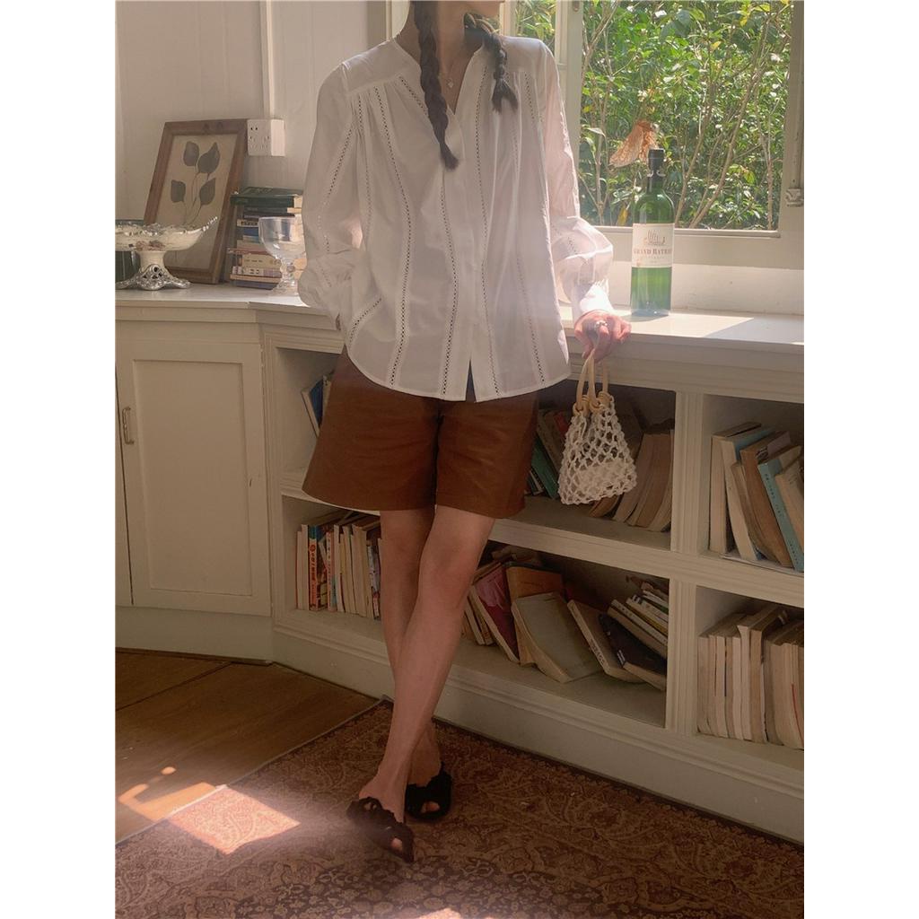 Áo Kiểu Tay Dài Cổ Chữ V Phối Ren Lỗ Màu Sắc Trơn Thời Trang 62063