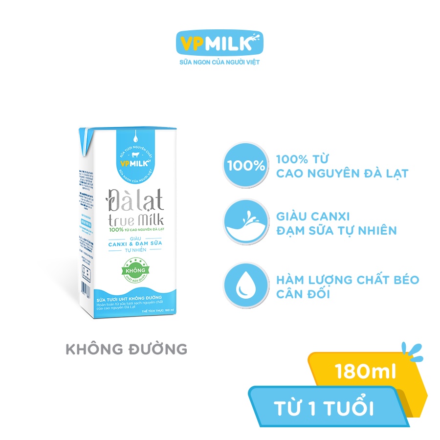 Sữa tươi UHT Đà Lạt True Milk VPMilk không đường hộp 180ml (thùng 48 hộp)