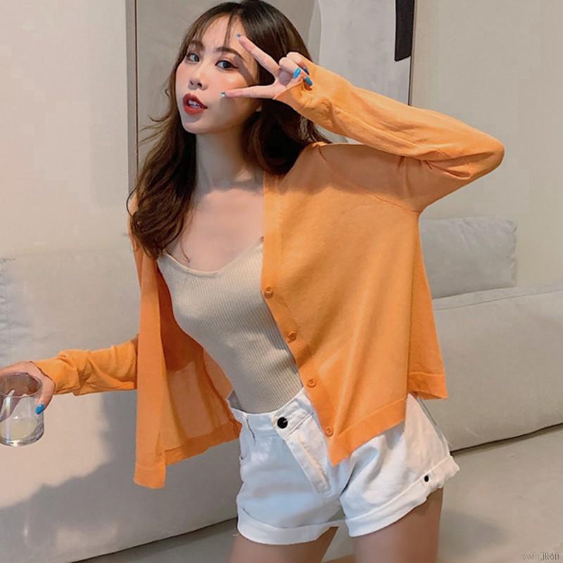 Áo khoác cardigan tay dài cổ chữ V đính nút đáng yêu cho nữ