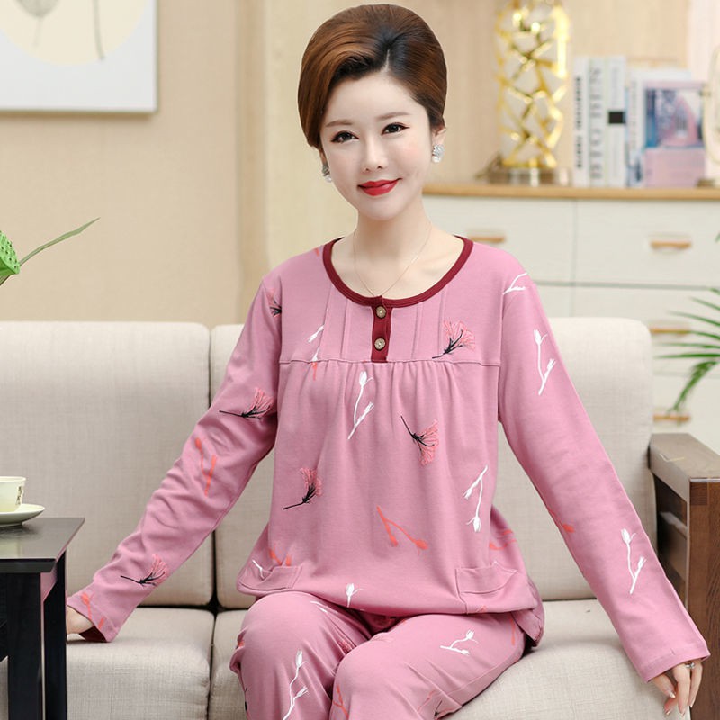 đẹp khuyến mãiBộ đồ ngủ dành cho bà mẹ trung niên mùa xuân và thu Vải thun cotton dài tay người già cỡ lớn phù