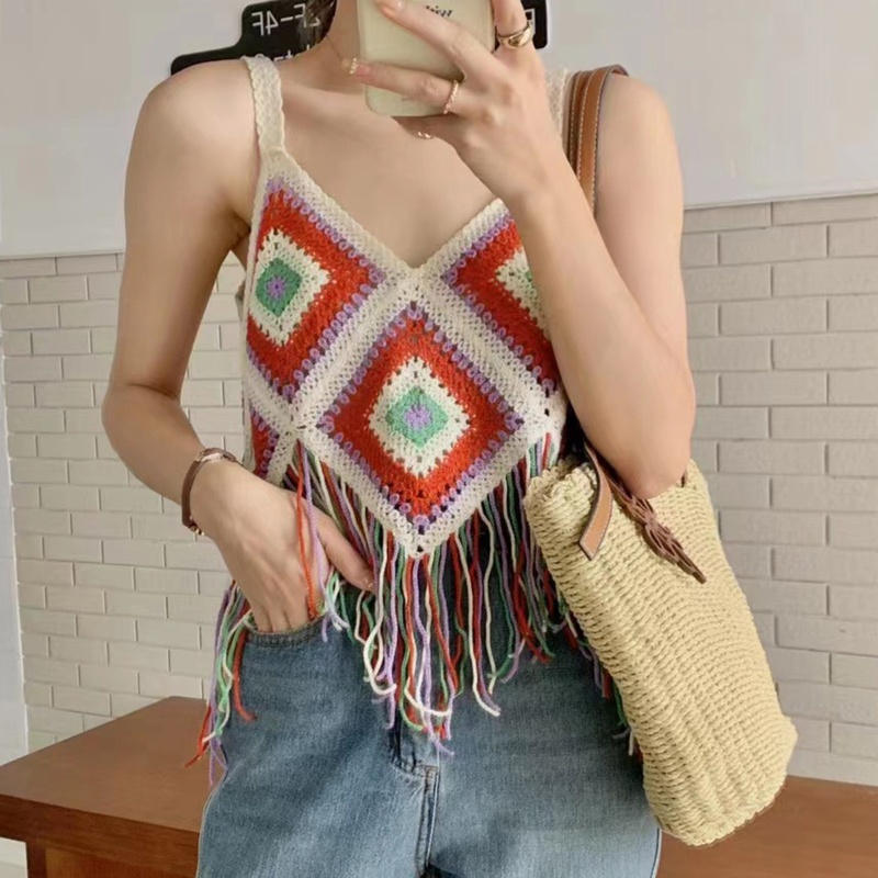 Áo Croptop Cổ Chữ V Không Tay Thêu Họa Tiết Phối Tua Rua Thời Trang Mùa Hè Cho Nữ