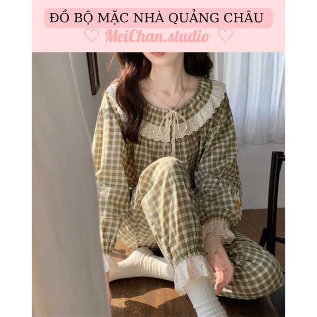 Đồ Ngủ Style Hàn Quốc_ Đồ Bộ Nữ Mặc Nhà Tiểu Thư Sọc Caro Dài Tay Cổ Tròn Bèo Ulzzang