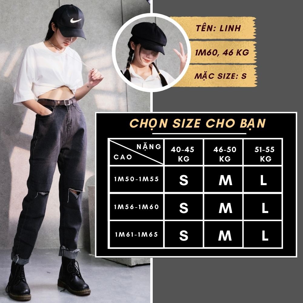 Quần Jean Nữ Dáng Baggy Rách Gấu Cạp Cao Màu Đen Xám Khói Ôm Eo GUF | BigBuy360 - bigbuy360.vn