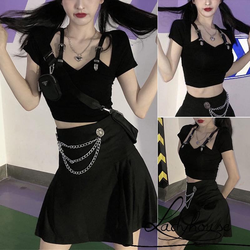 Áo Thun Croptop Tay Ngắn Cổ Chữ V Màu Sắc Trơn Phong Cách Gothic Thời Trang Mùa Hè Dành Cho Nữ