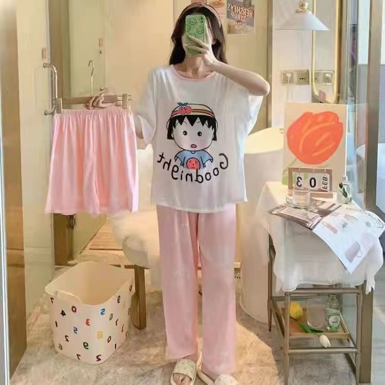 Bộ Đồ Ngủ Ba Món Áo Tay Ngắn Phối Quần Short Họa Tiết Hoạt Hình Dễ Thương Thời Trang Mùa Hè Cho Bạn Gái