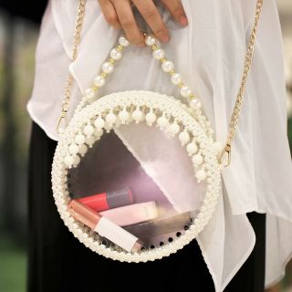 [SALE HOT] Túi trống tròn đeo chéo trong suốt đính hạt cườm ngọc trai siêu xinh TH005