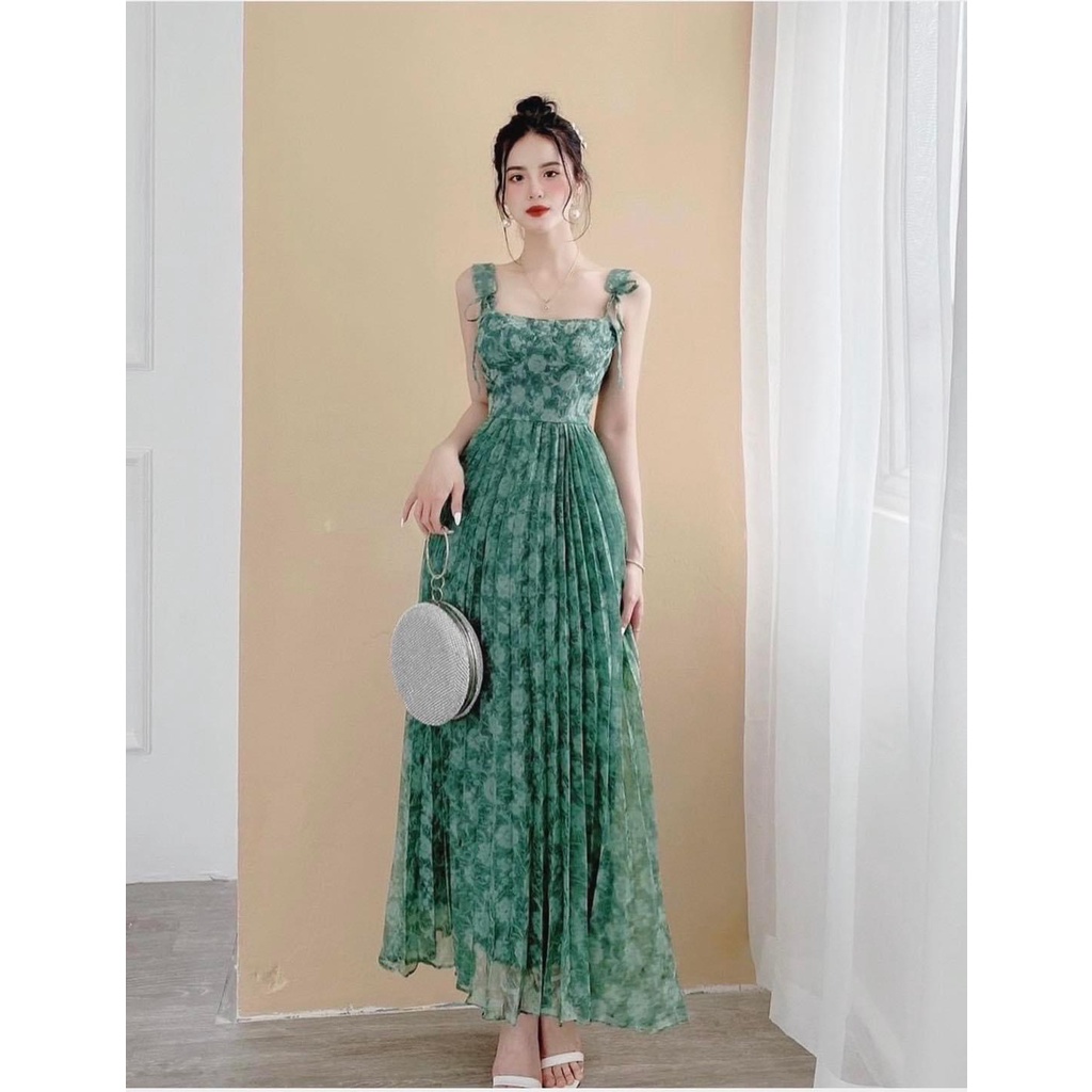 Váy maxi 2 dây dập ly cổ vuông dáng dài đi biển đi tiệc xinh đẹp dễ thương