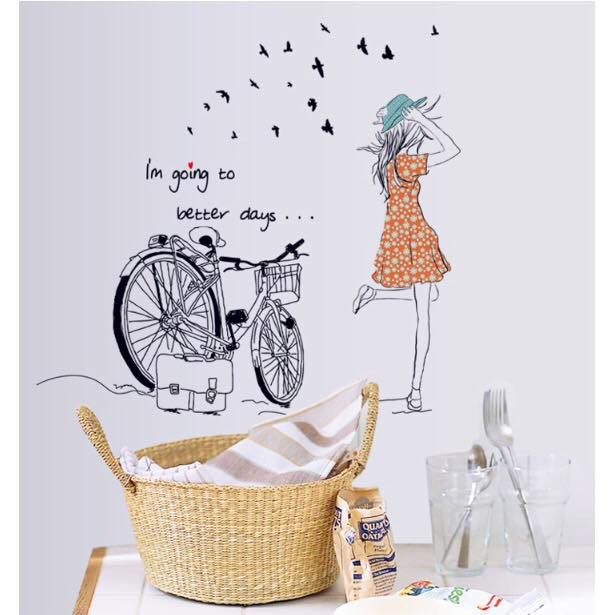 Decal dán tường bồ công anh + cô gái và xe đạp