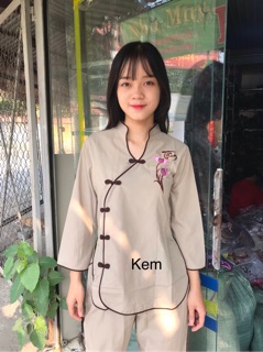 Đồ bộ đi chùa.đồ lam nữ vải kate cổ tàu xéo thêu thư pháp size 40-67kg