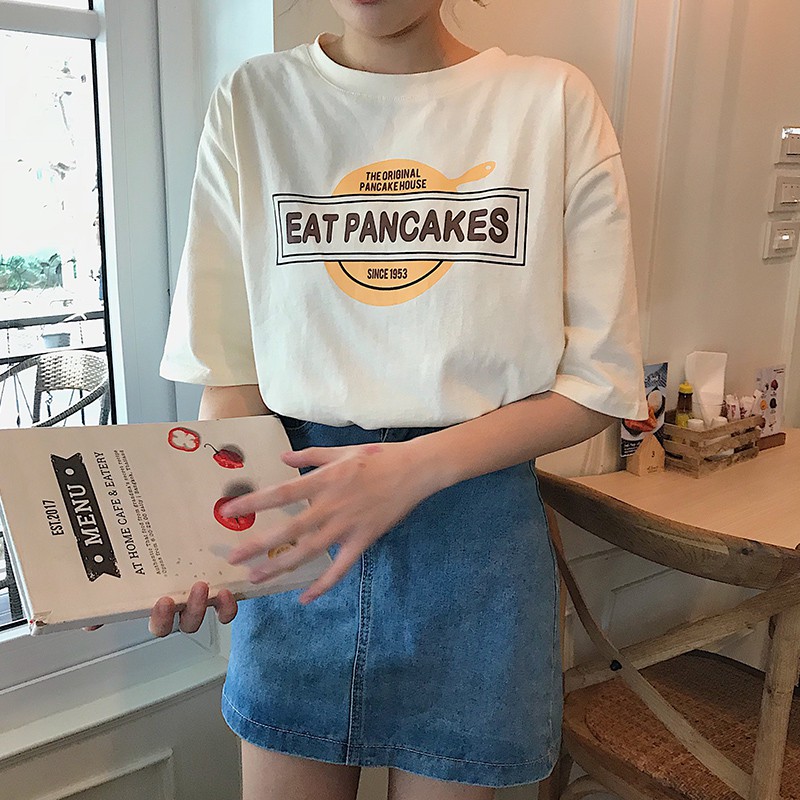 Áo thun nữ nam unisex tay lỡ phông form rộng teen cổ tròn oversize cotton PANCAKE giá rẻ màu đen trắng tee pull freesize