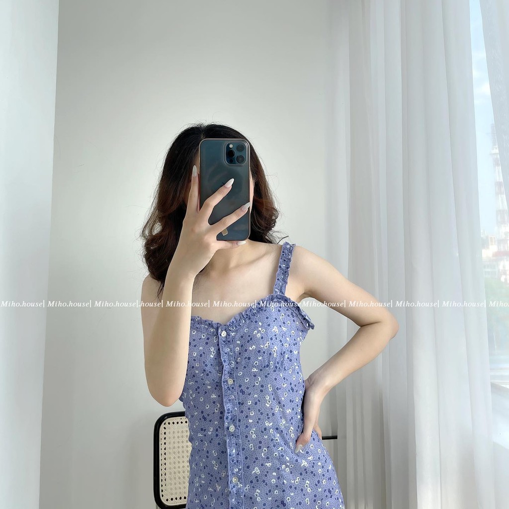 (FREAHIP) Đầm 2 dây hoa nhí tím ngắn