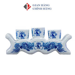 Bộ kỷ 3-5 chén rượu dáng NGAI men Lam Trắng Trơn họa tiết RỒNG, đồ thờ cúng Phùng Gia - Gốm sứ Bát Tràng cao cấp
