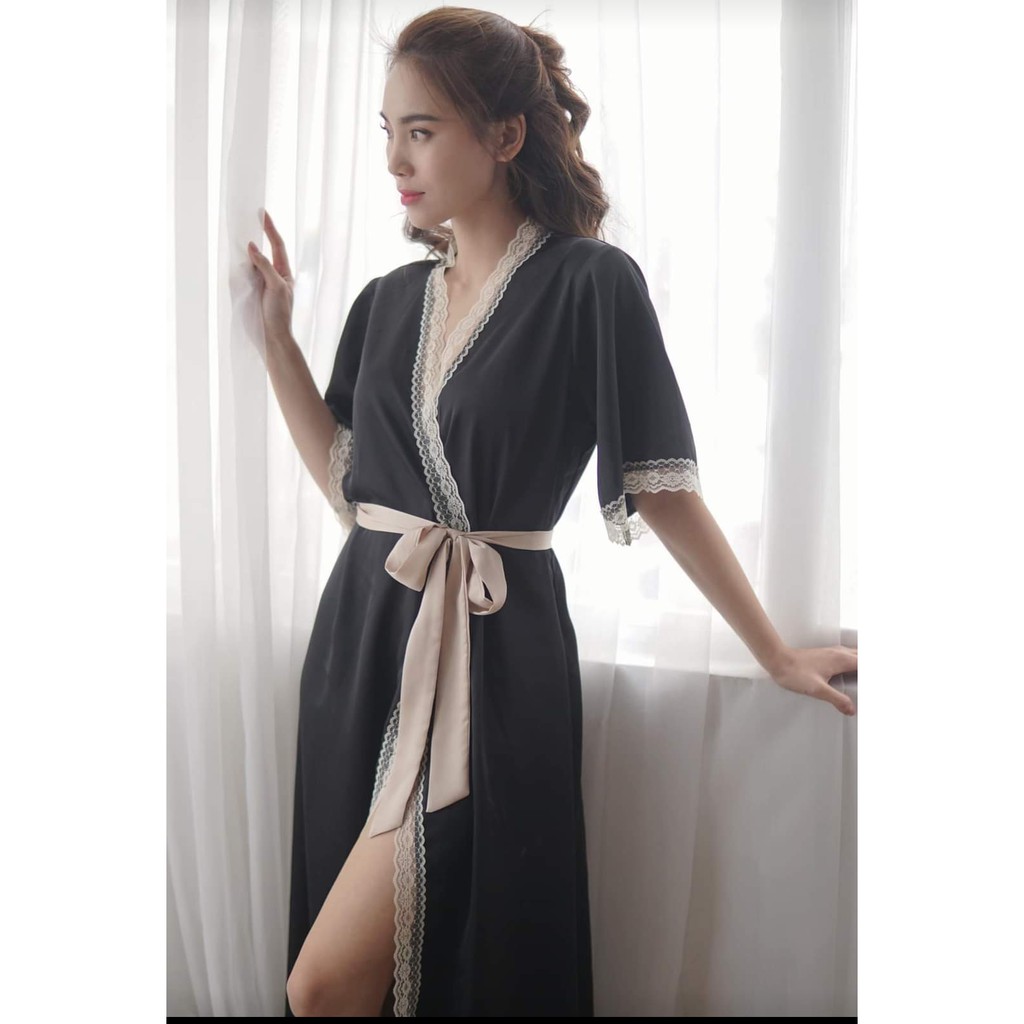 Áo choàng ngủ lụa mặc nhà phối ren  dáng dài kèm đai áo-Đủ màu freesize dưới 70kg | BigBuy360 - bigbuy360.vn