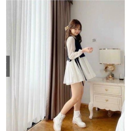 Set Váy yếm Áo Gile buộc nơ eo Hàn Quốc (hình thật/ sẵn)