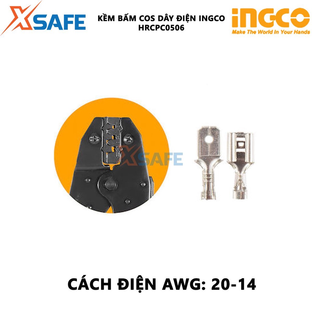Kềm bấm cos dây điện INGCO HRCPC0506 9inch Phạm vi bấm 0,5-6mm², cách điện AWG, chịu lực chịu nhiệt tốt