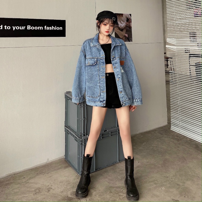 Áo khoác denim tay dài dáng rộng cổ polo thời trang Hàn Quốc cho nữ