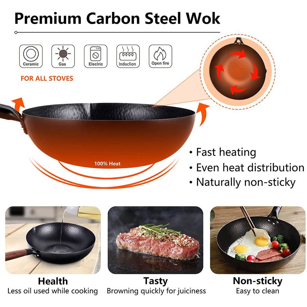 Chảo nấu ăn Trung Hoa bằng thép carbon với tay cầm gỗ dài 12.5&quot;