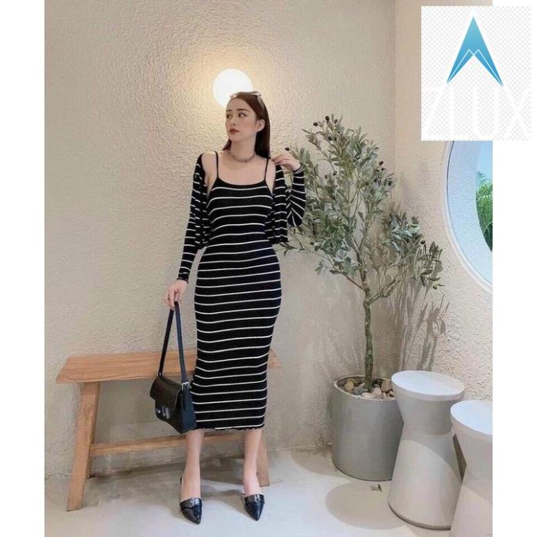 Set Váy Maxi Kẻ Sọc Dáng Body Kèm Áo Khoác Cực HOT .