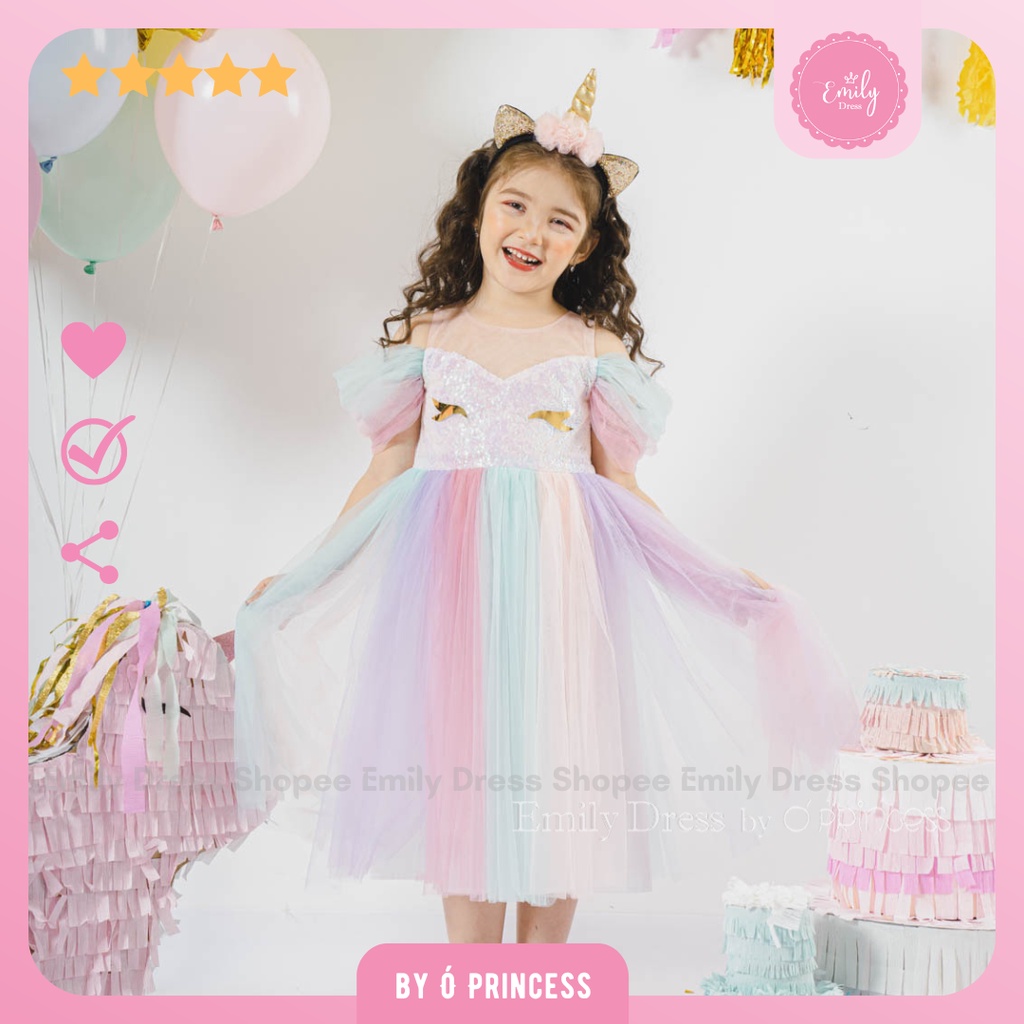 Váy công chúa Kỳ Lân cầu vồng Unicorn, voan bồng bềnh, trễ vai điệu đà, diện sinh nhật cực xinh [EU07]