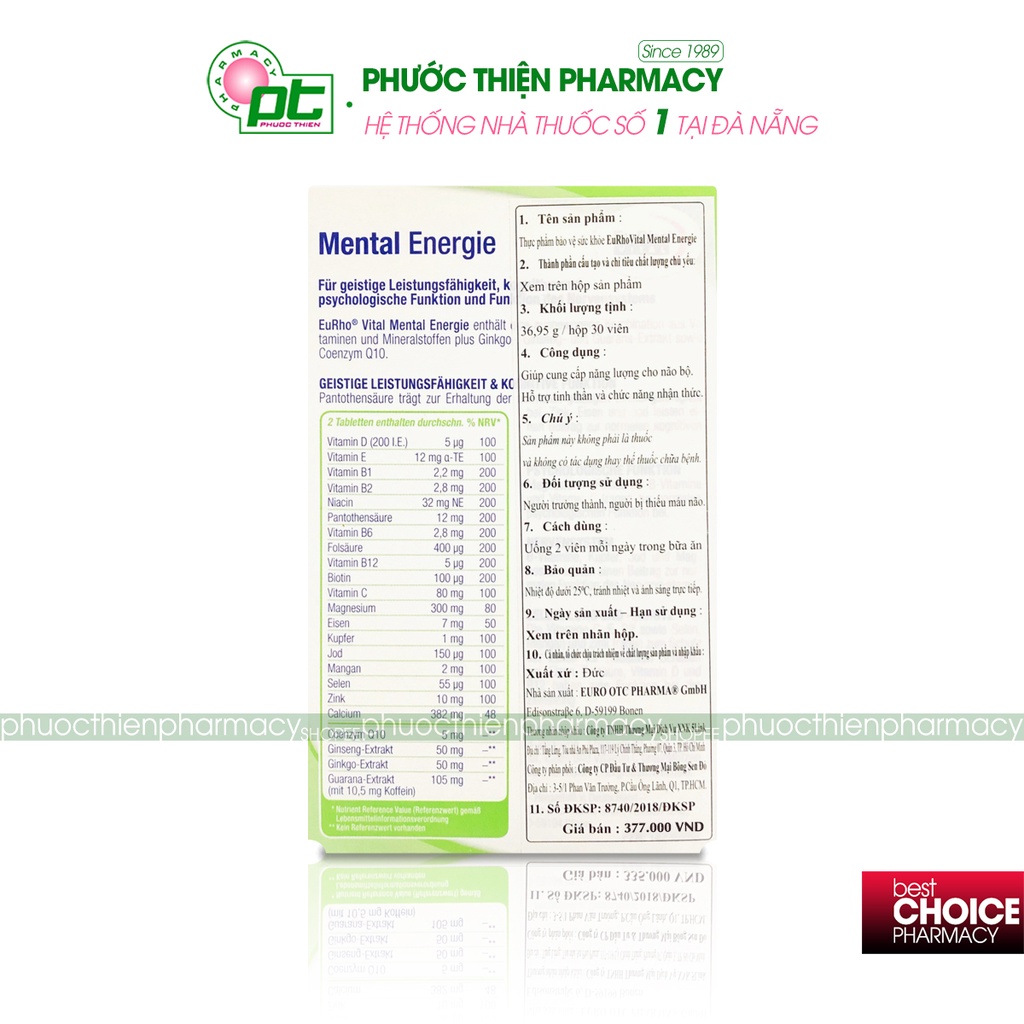 Viên uống giúp tỉnh táo, bổ não Đức, cải thiện trí nhớ EuRho Vital Mental Energie 30 Viên - giảm căng thẳng, mất ngủ