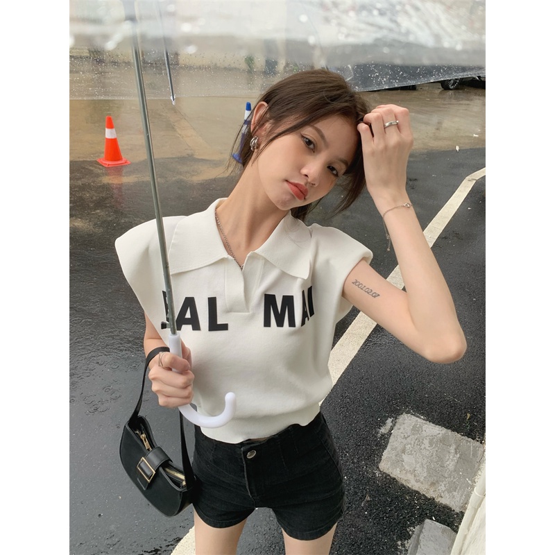 Áo Thun polo Kẻ Sọc In Chữ Phong Cách retro Hàn Quốc Trẻ Trung