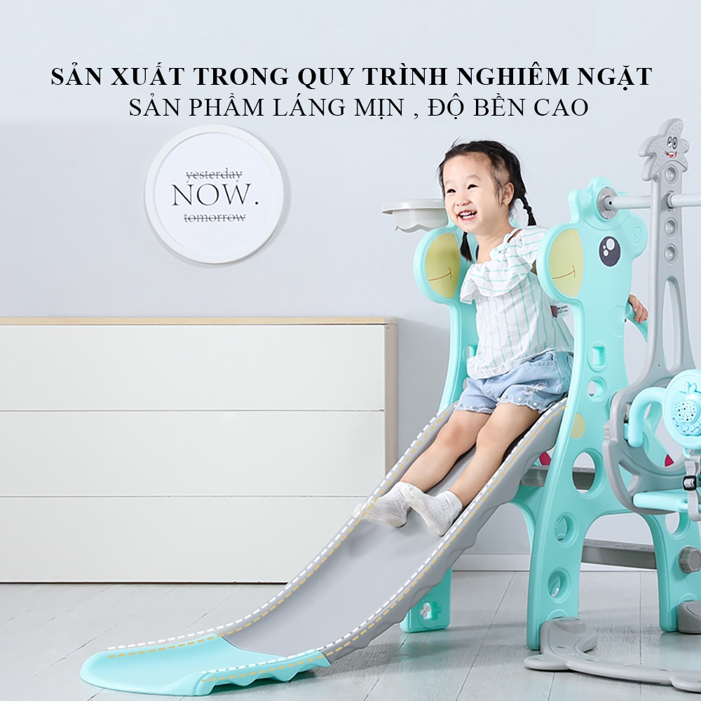 Cầu trượt xích đu cho bé kèm máy phát nhạc và bộ bóng rổ, thiết kế an toàn siêu chịu lực - Bảo hành 2 năm