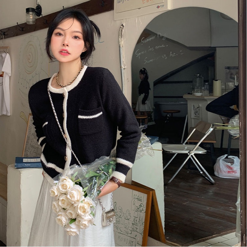 Áo Cardigan Dệt Kim Tay Dài Màu Tương Phản Thời Trang Mùa Thu Mới