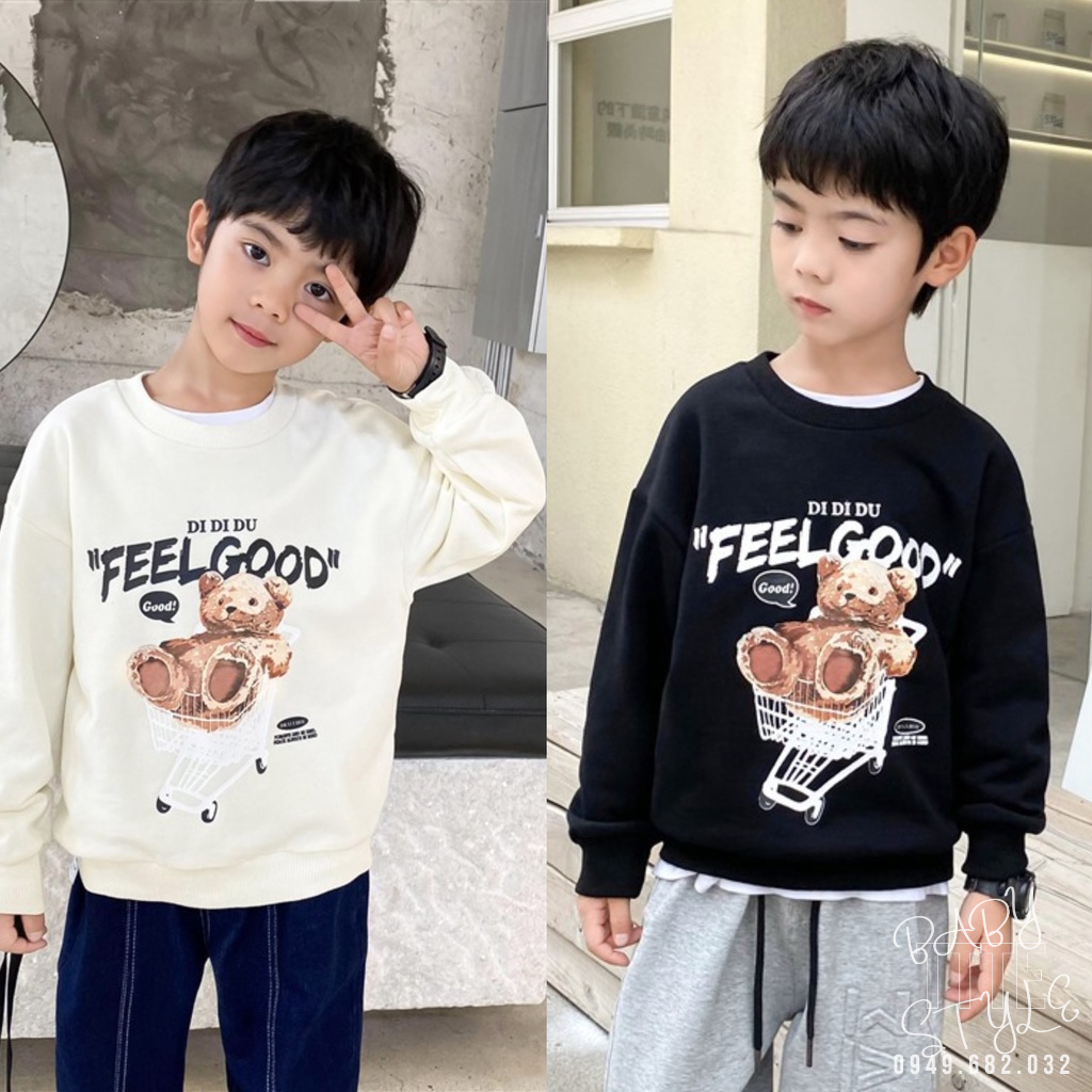 Áo sweater &quot;FEEL GOOD&quot; 14-45kg cho bé trai, bé gái 4-15 tuổi. Vải nỉ da cá thu đông co giãn, dày dặn. B37