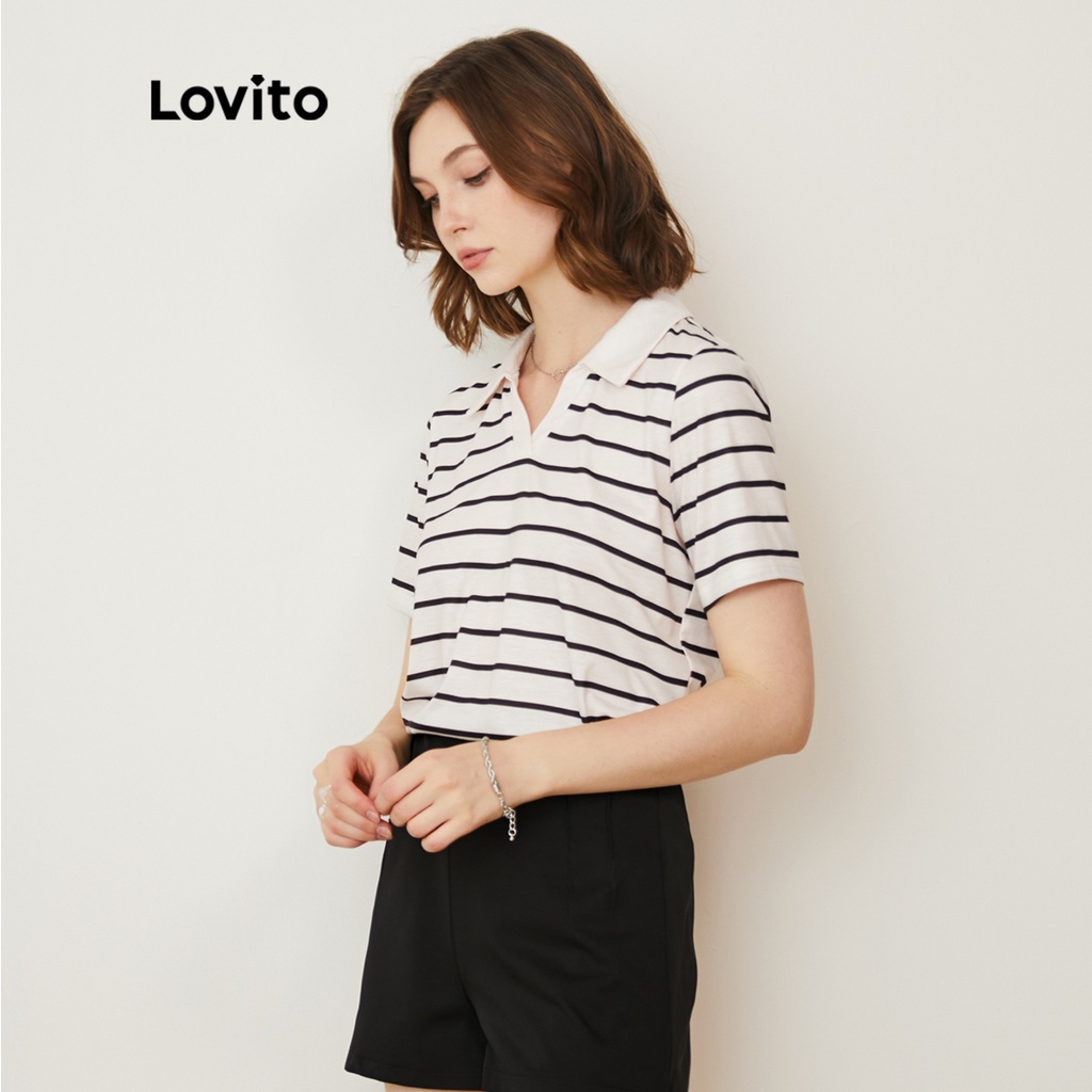 Lovito Áo Phông Có Cổ SọC Tương PhảN Thông ThườNg L22AD033 (TrắNg NhạT)