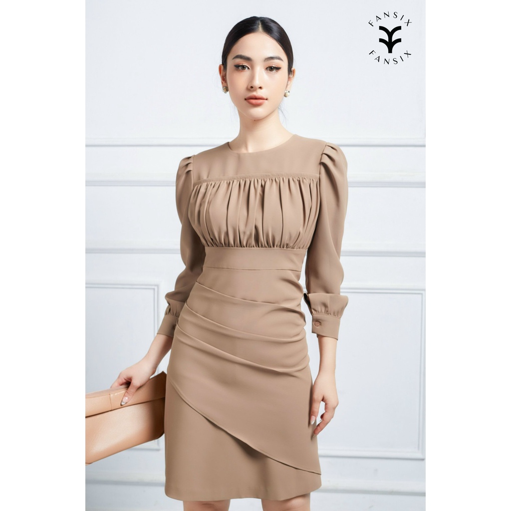 Váy cổ tròn nhún ngực FANSIX - DL16 váy nhún eo tay bồng, vải mango dày dặn. | BigBuy360 - bigbuy360.vn
