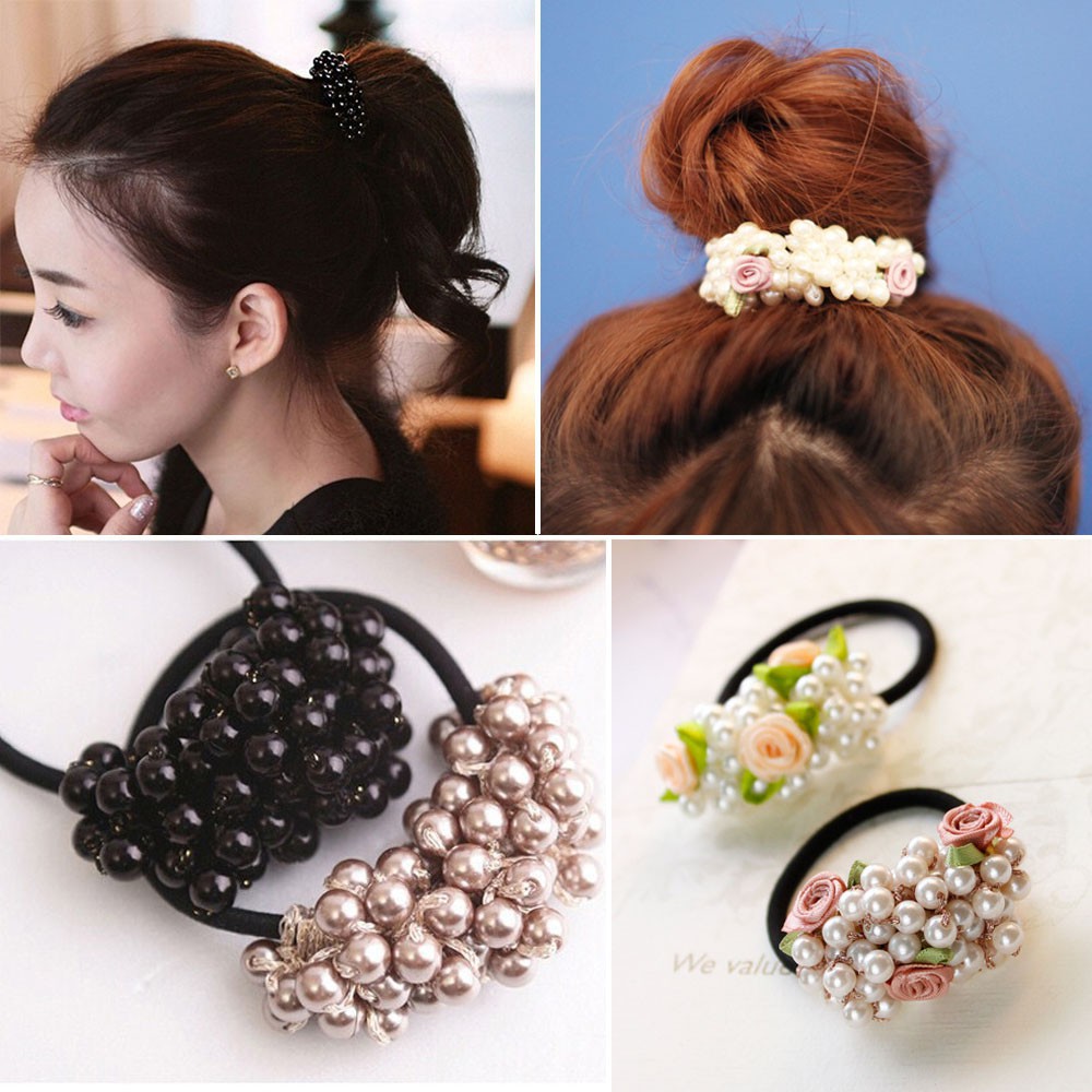 Thun cột tóc thiết kế đơn giản đính ngọc trai xinh xắn