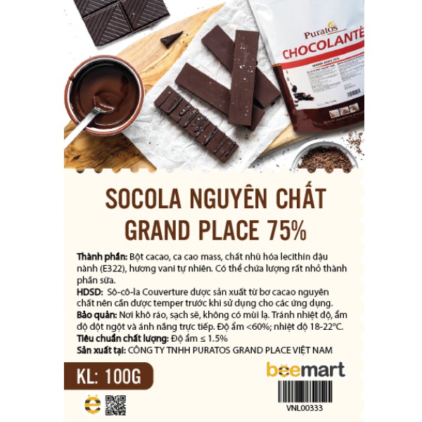 Socola nguyên chất Grand Place 75% 100gr