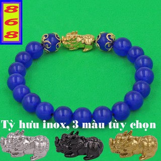 Vòng chuỗi tay Đá Xanh Dương 8 ly 4 khía Mix Tỳ Hưu inox - Hợp mệnh Thủy, mệnh Mộc - Phong thủy 868