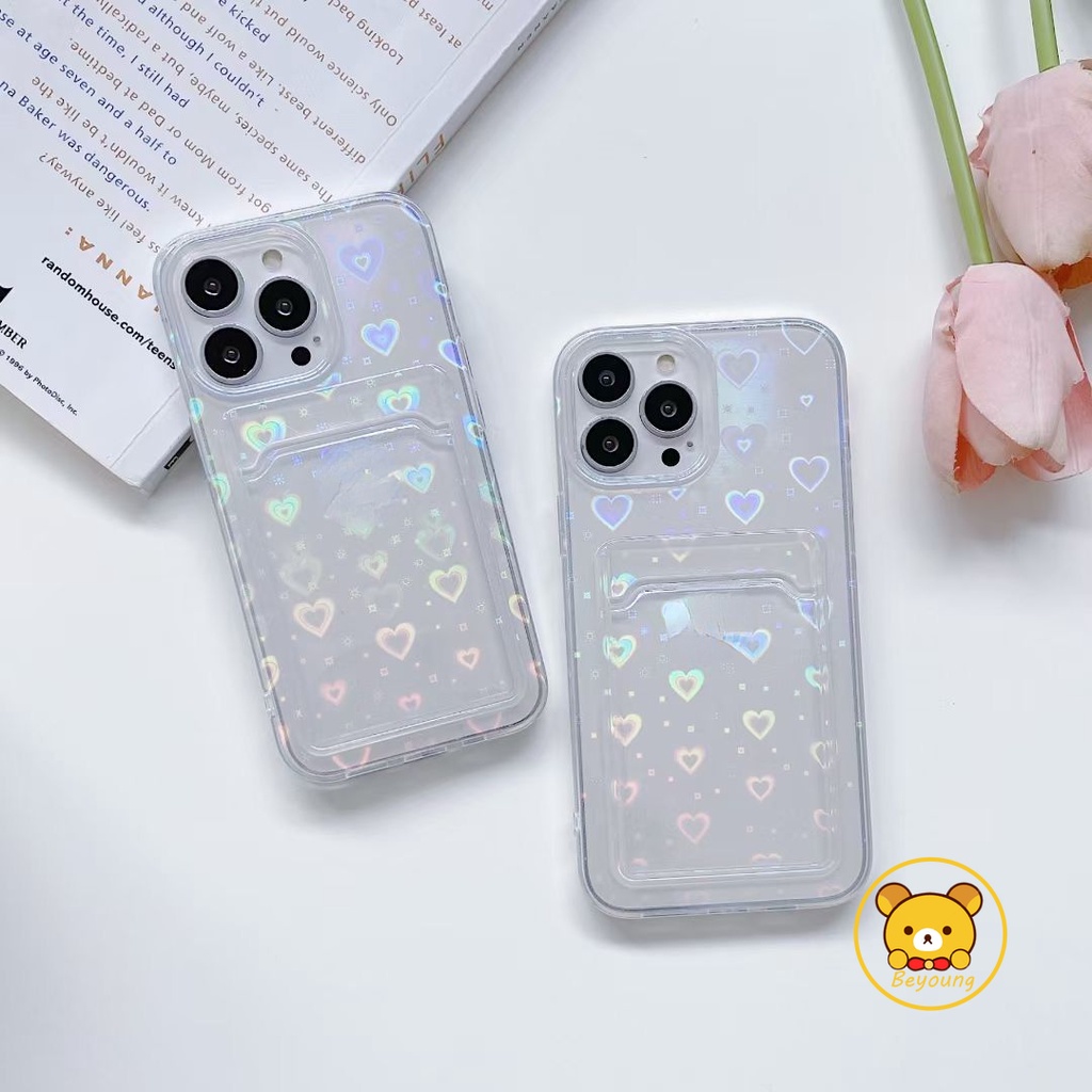 Ốp Điện Thoại Silicon Màu Laser Trong Suốt Họa Tiết Trái Tim Kèm Ngăn Đựng Thẻ Cho iPhone 11 13 12 Pro Max XS X XR 7 8 Plus