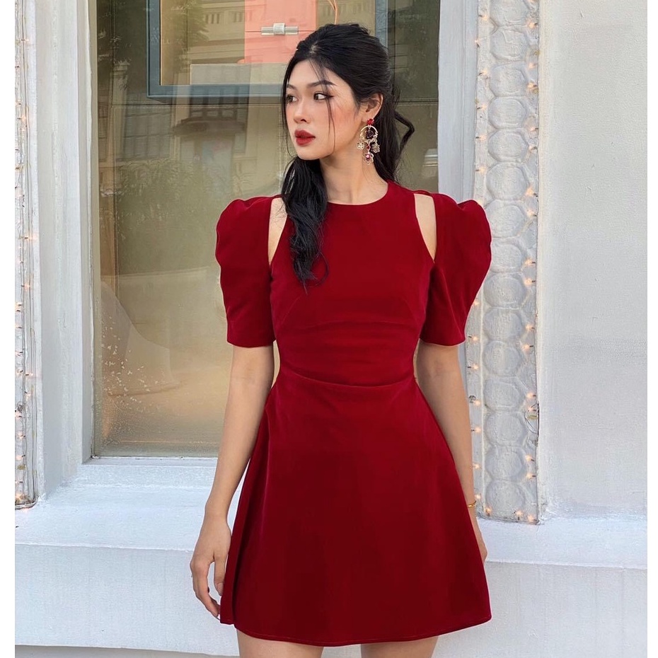 Đầm đỏ mặc tết, đầm chất nhung tay bồng khoét vai 2 màu xinh xắn - Danie Dress