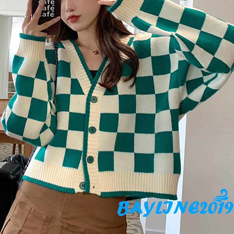 Áo khoác cardigan dệt kim cổ chữ v tay dài dáng rộng in họa tiết kẻ ô màu xanh lá/đen